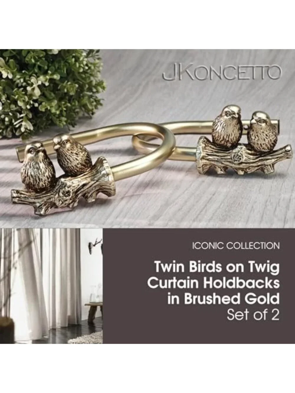 Elegant Gold Curtain Holdbacks with Twin Birds Finials - Set of 2 Drapery Hooks